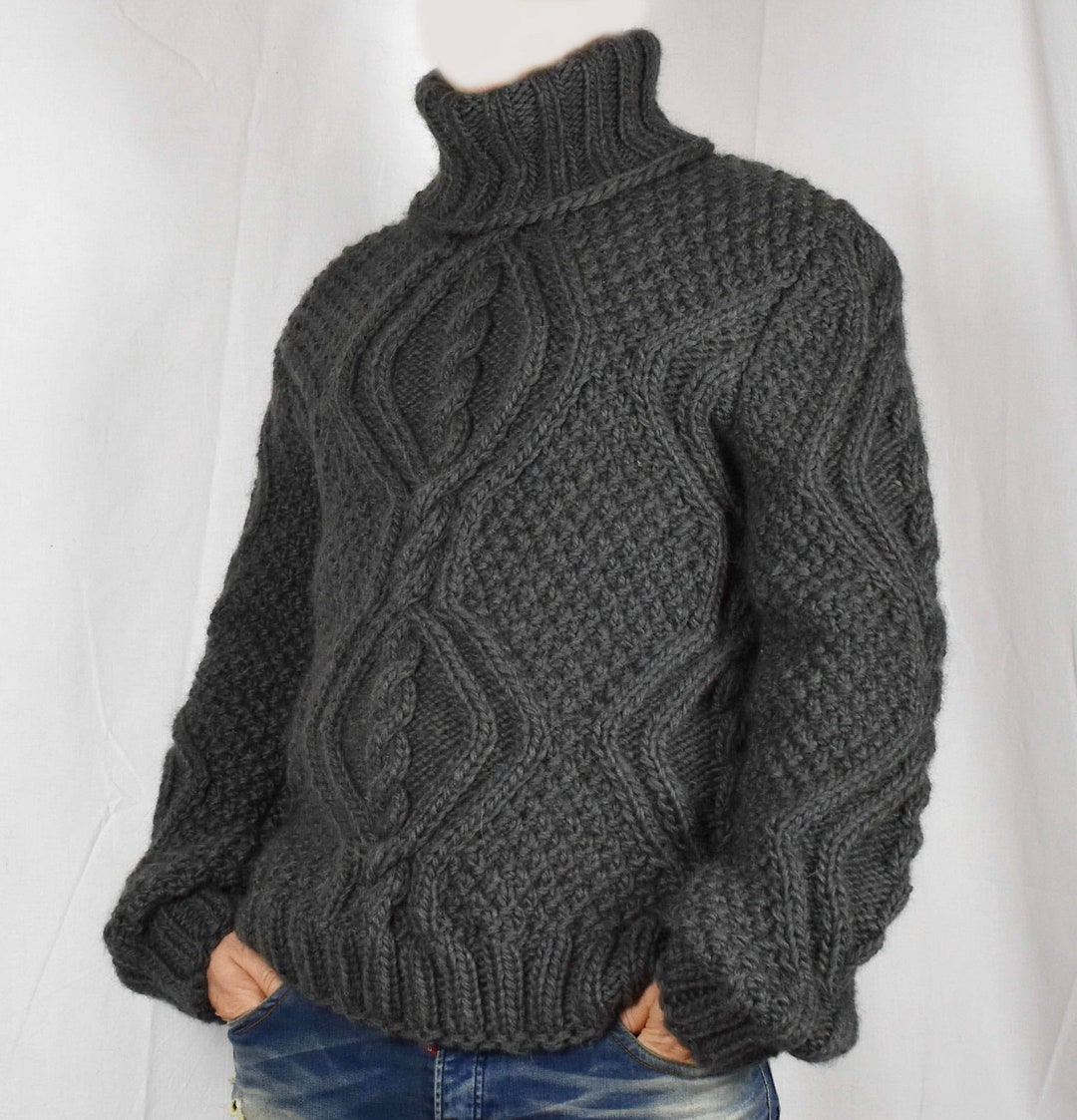 Hand Knitted 100% WOOL Pullover Men Sweater Turtleneck SOFT Thick Cable ...