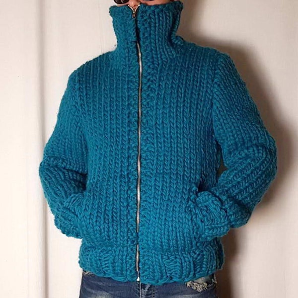 Hand knitted VERY THICK  100% WOOL mens chunky wool vest with turtleneck zipper and pockets,  woolen pullover hood soft Jumper, jacket