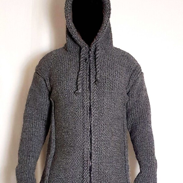 Handgebreide 100% WOL heren hoodie trui met col en rits, zachte trui, jas