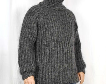 Hand Knitted WOOL MOHAIR Pullover Men Sweater Turtleneck soft thick Jumper Raglan sleeves