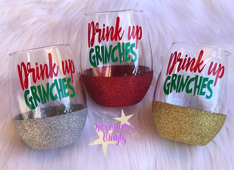Drink Up Grinches Glitter Dipped Wine Glasses Etsy
