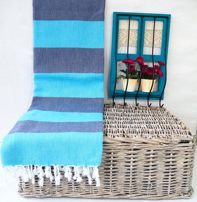 Turquoise and Navy Striped Turkish Towel,Turquoise and Navy Cotton Towel,Turquoise /& Navy Peshtemal,Turquoise Stireped Beach Towel,Bath