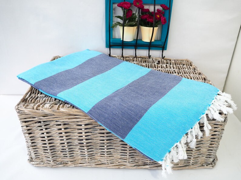 Turquoise and Navy Striped Turkish Towel,Turquoise and Navy Cotton Towel,Turquoise /& Navy Peshtemal,Turquoise Stireped Beach Towel,Bath