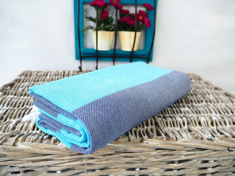 Turquoise and Navy Striped Turkish Towel,Turquoise and Navy Cotton Towel,Turquoise /& Navy Peshtemal,Turquoise Stireped Beach Towel,Bath