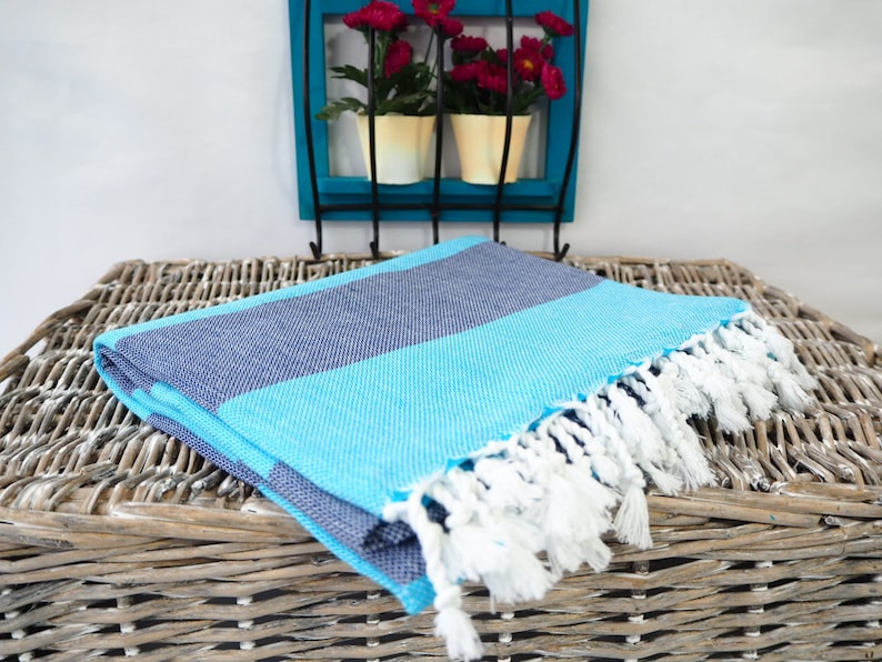Turquoise and Navy Striped Turkish Towel,Turquoise and Navy Cotton Towel,Turquoise /& Navy Peshtemal,Turquoise Stireped Beach Towel,Bath