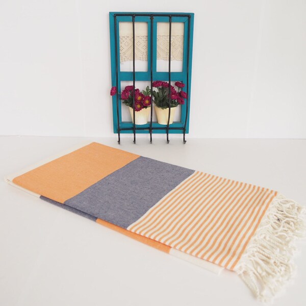 Navy and Orange Turkish Summer Beach Towel,Navy Beach Towel,Orange Swim Towel,Turkish Beach Bath Towel,Travel Towel,Yoga Towel,Sport Towel
