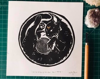 Linocut Print Witchy Black Cat - Grunge, Spooky, Goth, Witch Handmade Home Decor