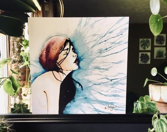 Girl Wearing Red Beanie with Watercolor Splash - Art Print