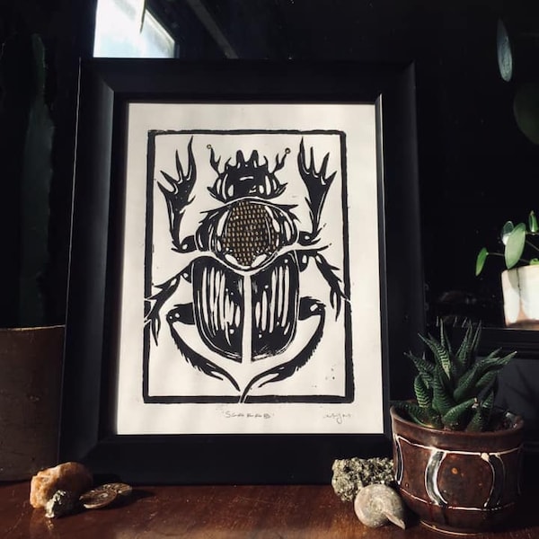 Linocut Print Scarab Beetle Insect, Entomology, bugs, bohemian, gold, tribal, boho, Home Decor