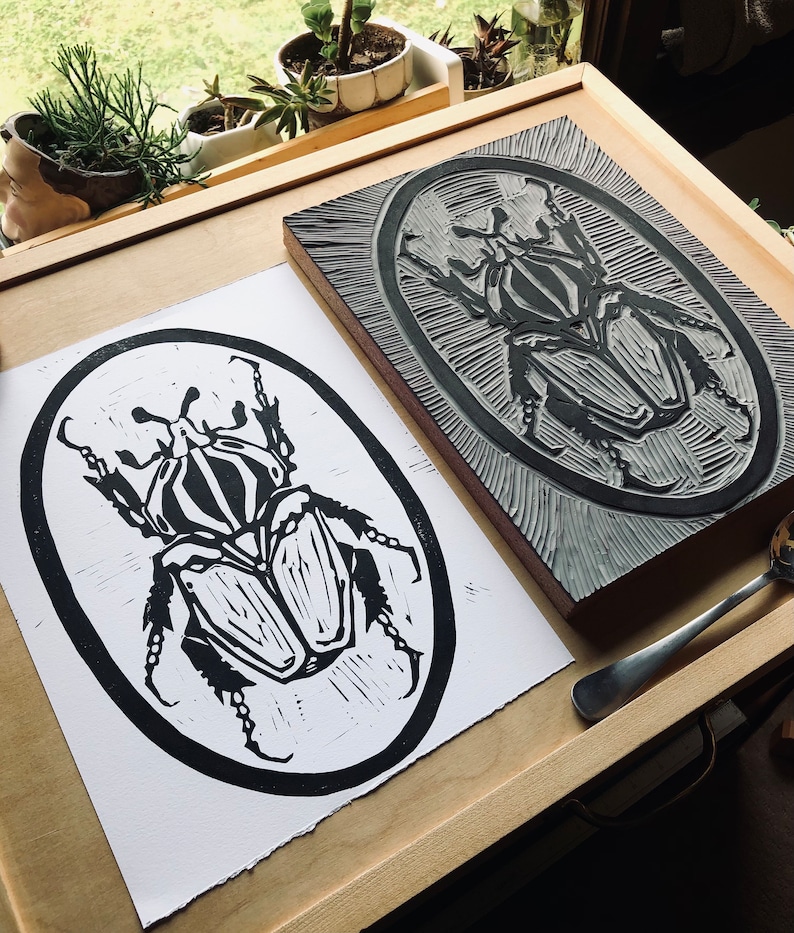 Insect Linocut Linocut Print Goliath Beetle Insect, Entomology, Bugs, Bohemian, Tribal ...