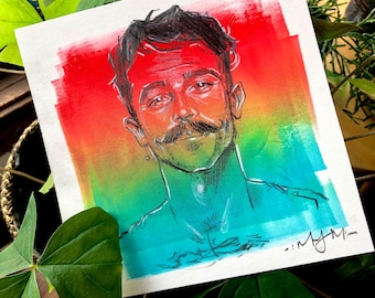 Male Model Original 6x6 Drawing: Expressive Gay Figure Drawing, Rainbow Pride Mustache