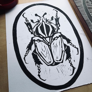 Linocut Print Goliath Beetle Insect, Entomology, bugs, bohemian, tribal, boho, Home Decor