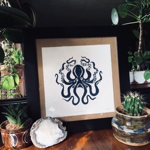Linocut Print Octopus 8X8, Nautical, Deep Sea, Aquatic, Beach, Under the Sea, Bathroom, Tribal, Tattoo, Home Decor