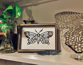 Linocut Print 5X7 Goth Moth, Grunge, Insect, Butterfly, Bugs, Entomology, Witch, Spooky