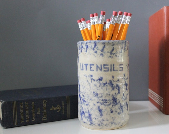Blue and White Utensils Holder For Kitchen or Desk