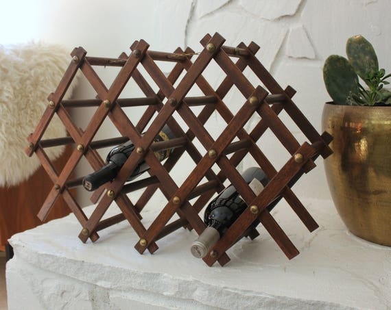 Vintage Wood and Brass Folding Wine Rack