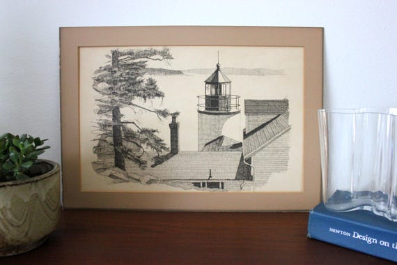 Vintage Original Ink Line Landscape Drawing of Lake Lighthouse Signed and Matted