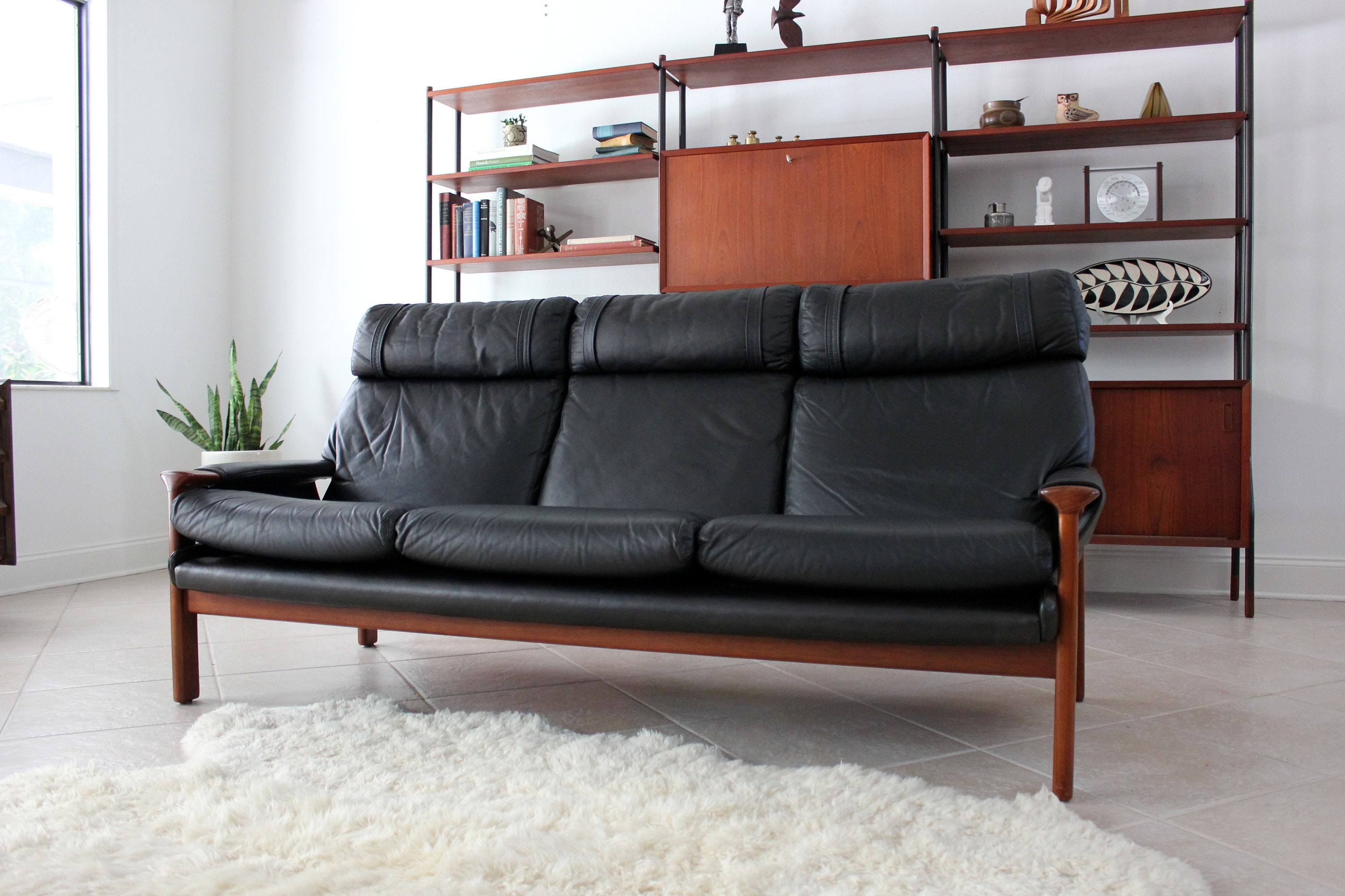 mid century brown leather sofa striped