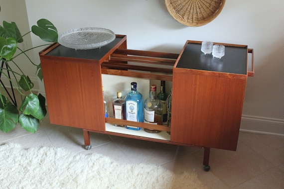 Expandable Mid Century Danish Teak Rolling Bar Cabinet