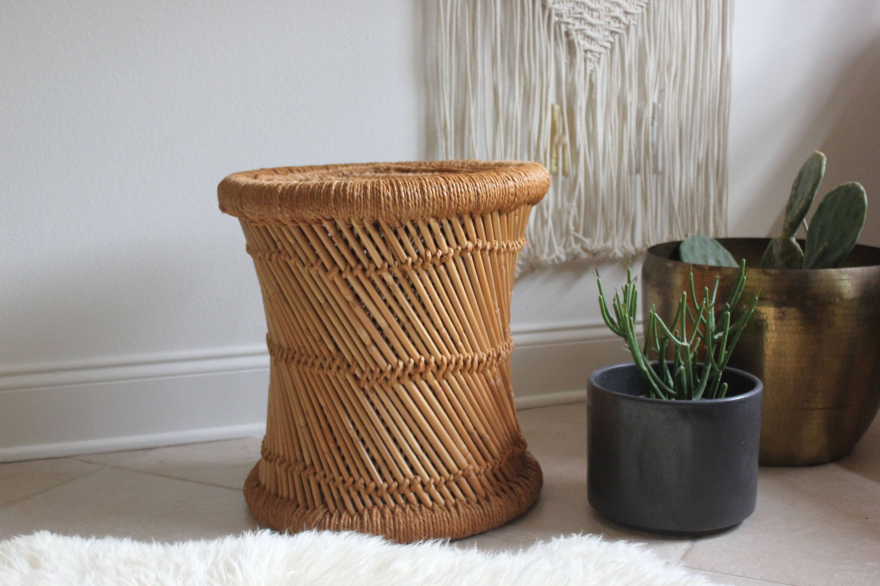 Bamboo and Rope Stool / Plant Stand Boho Beach Decor