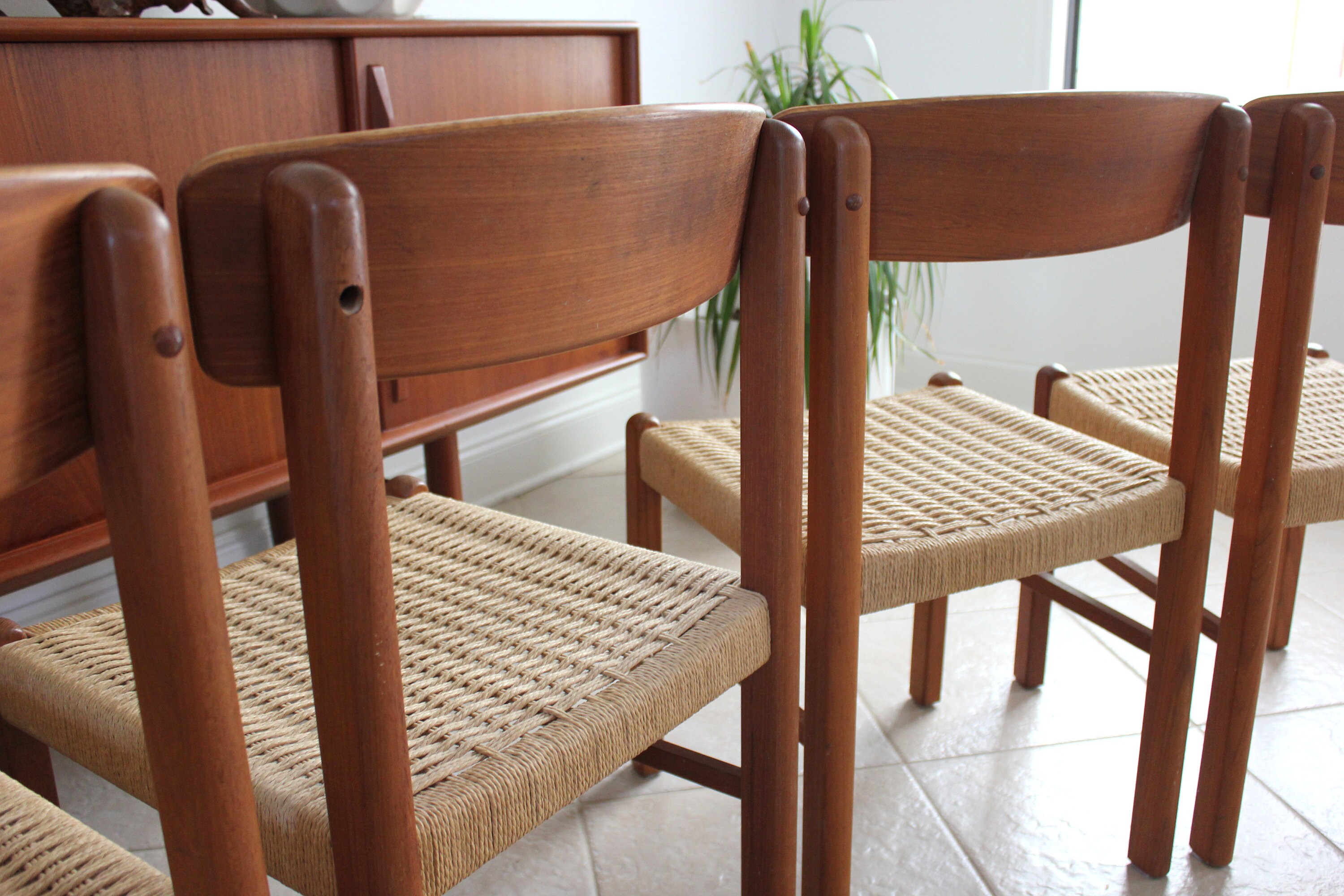 Vintage Modern Teak and Papercord Dining Chairs Set of 6