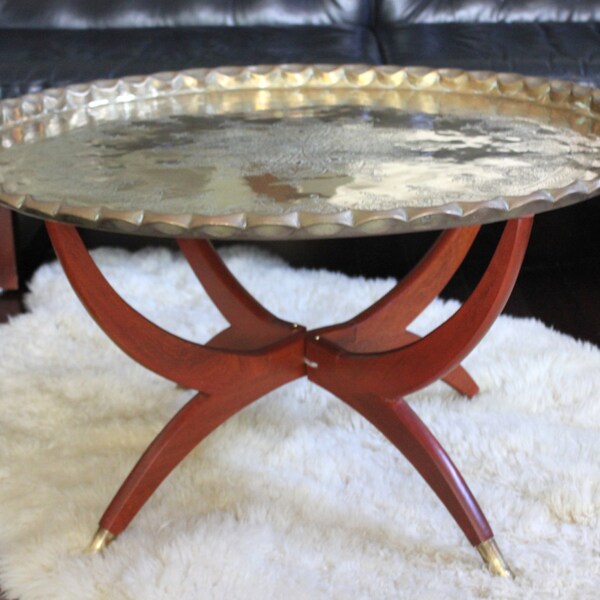 Brass Tray Table with Wooden Spider Base Mid Century Bohemian Coffee Table