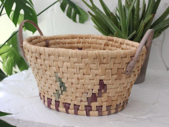 Woven Grass Basket with Leather Handles
