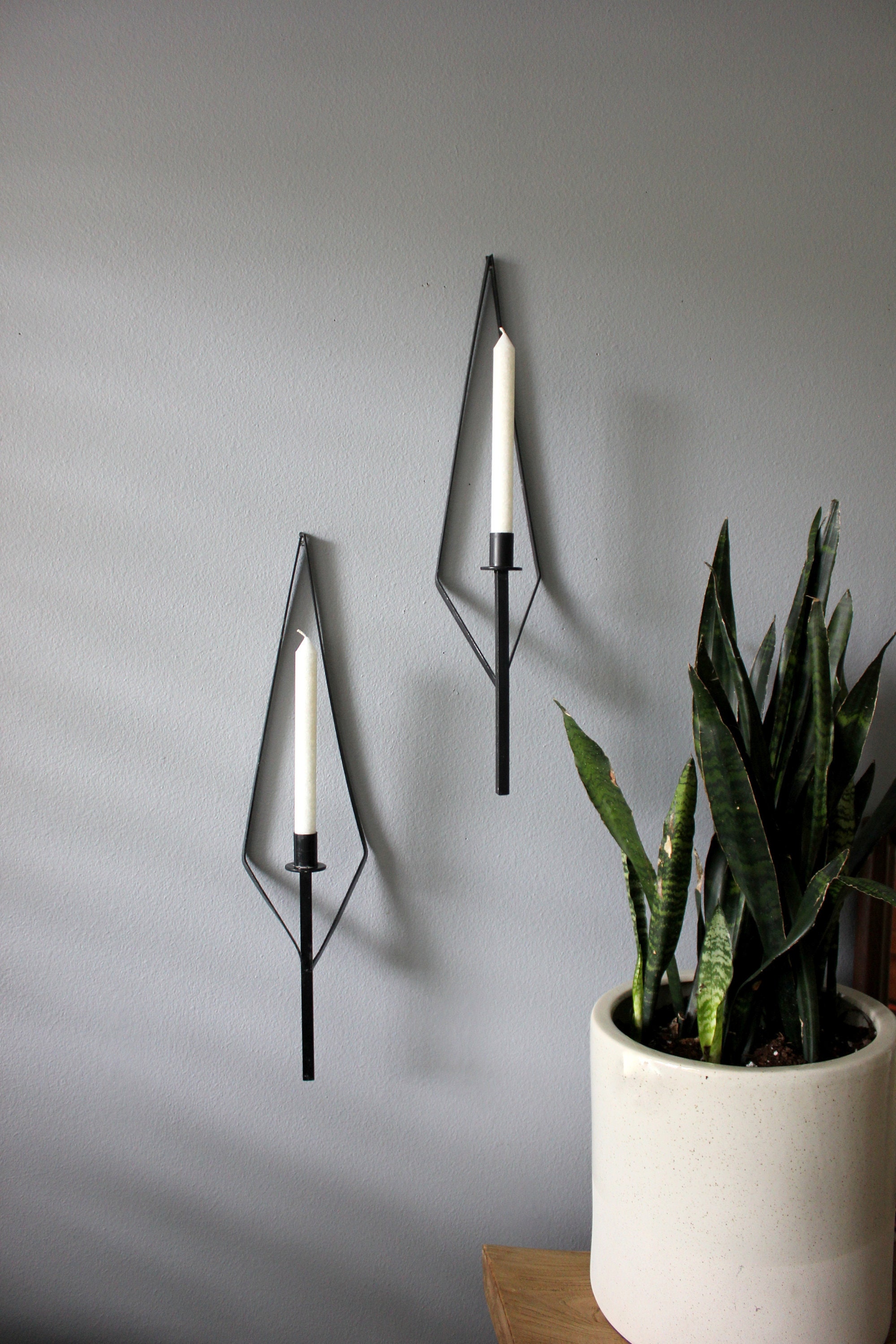 Mid Century Modern Wall Candle Holder Set in Black Iron
