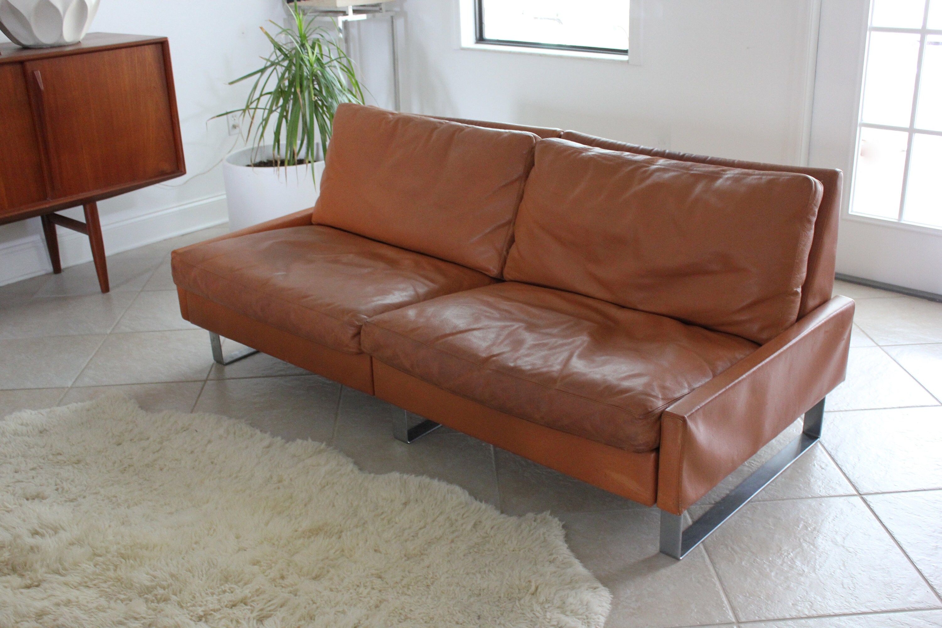 mid century brown leather sofa striped