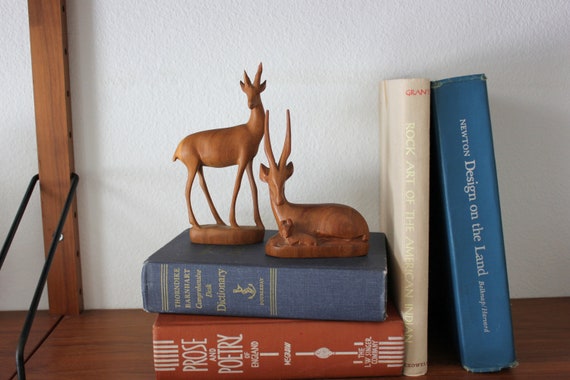 Mid Century Carved Wood Gazelles Deer Antelope