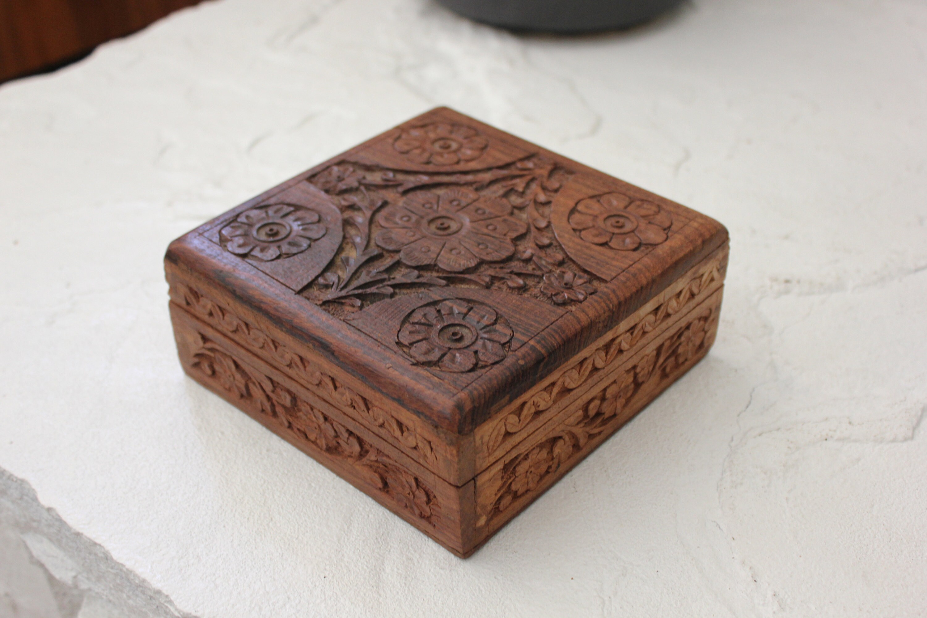 Carved Wooden Box Boho Floral Design