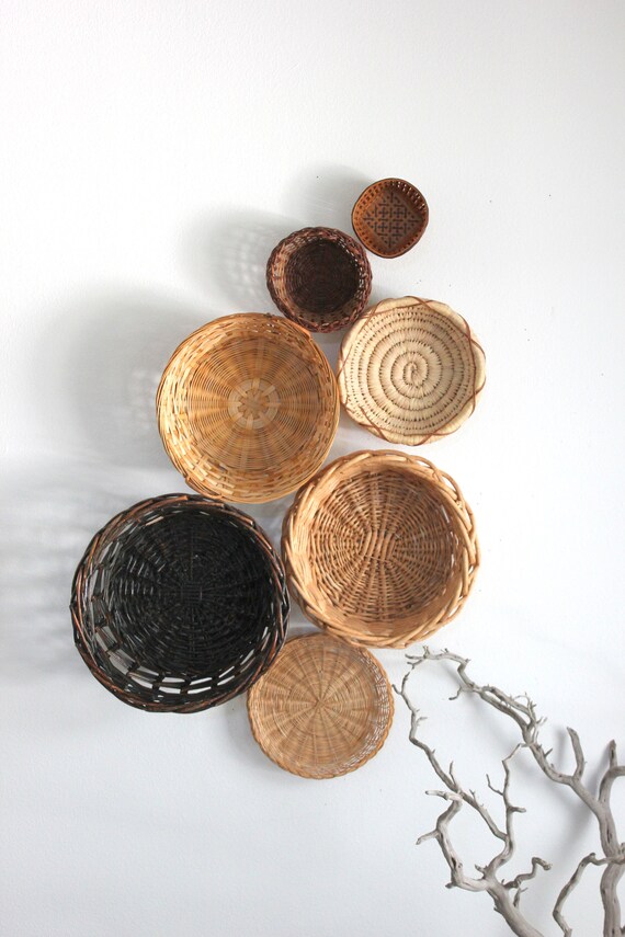 Beautiful Bohemian Basket Grouping Set of 7 Rattan Woven Wall Art