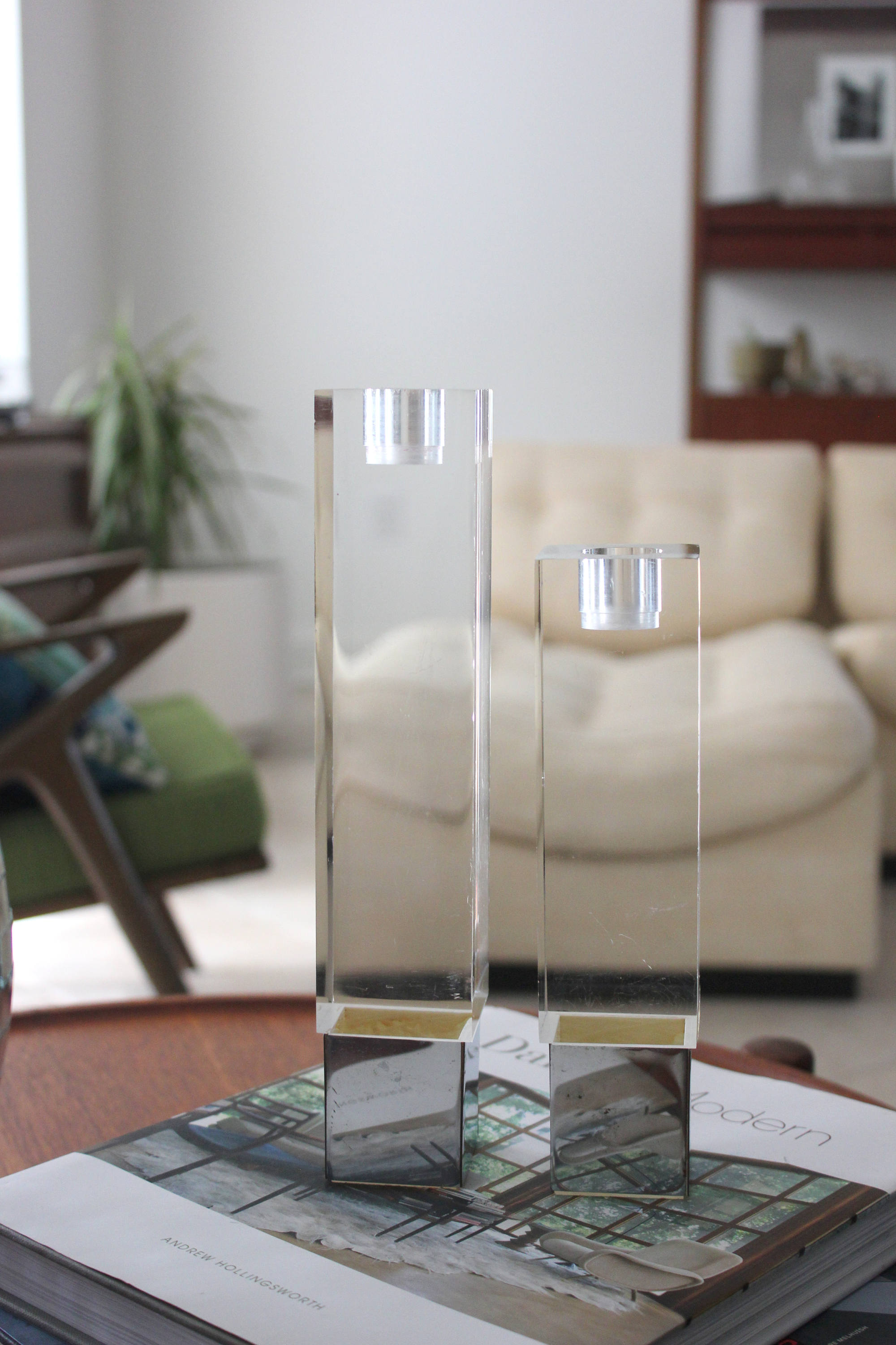 Mid Century Mod Lucite and Chrome Candle Holders