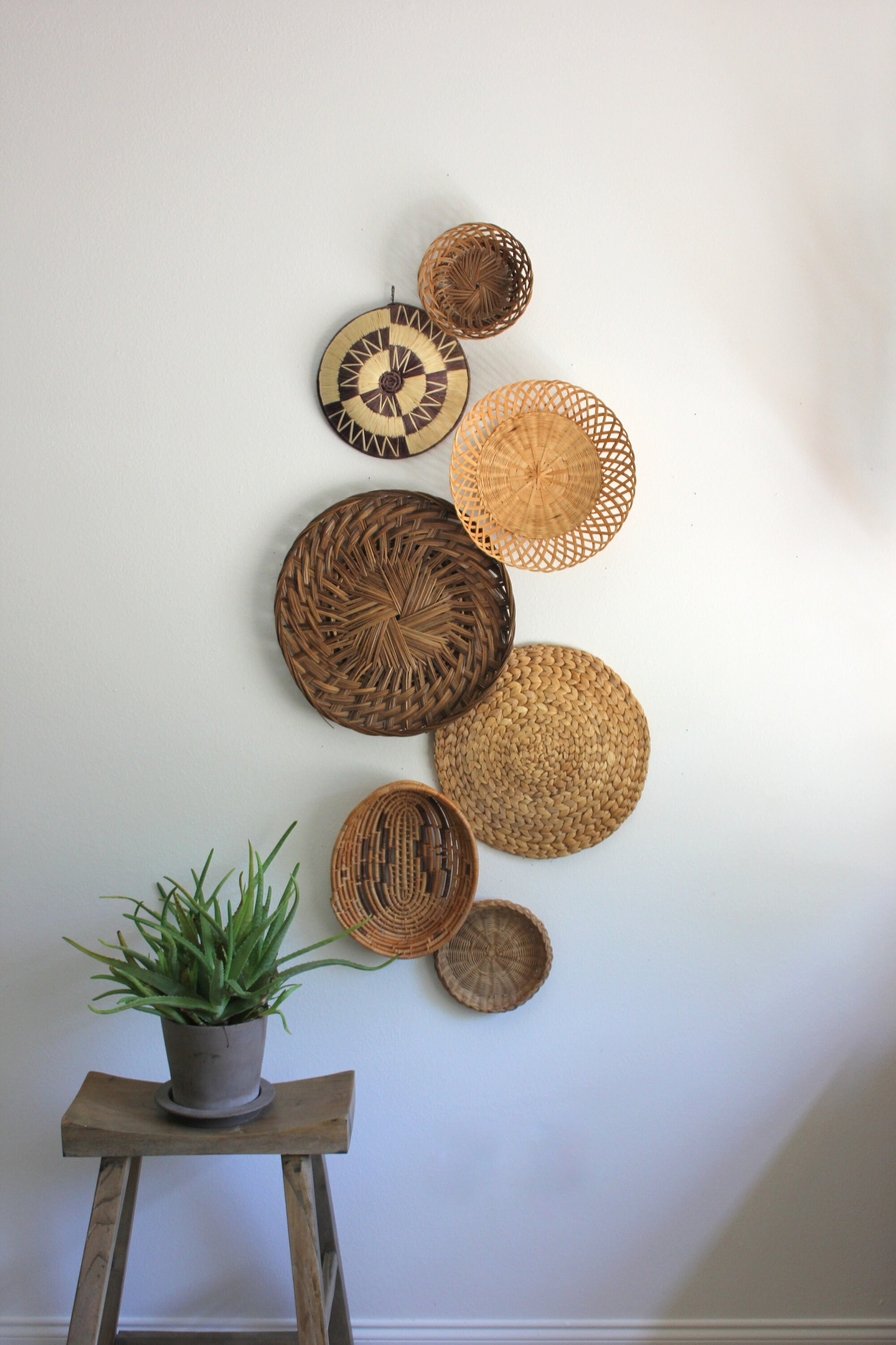 Beautiful Bohemian Basket Grouping Set of 7 Rattan Woven Wall Art