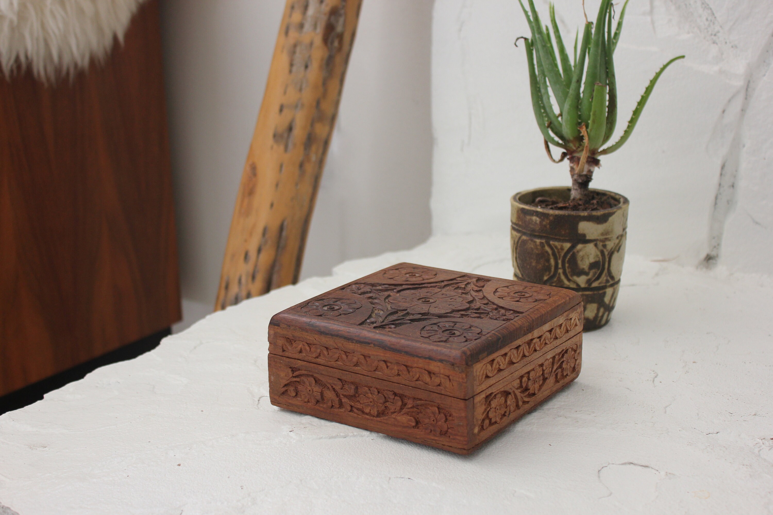 Carved Wooden Box Boho Floral Design