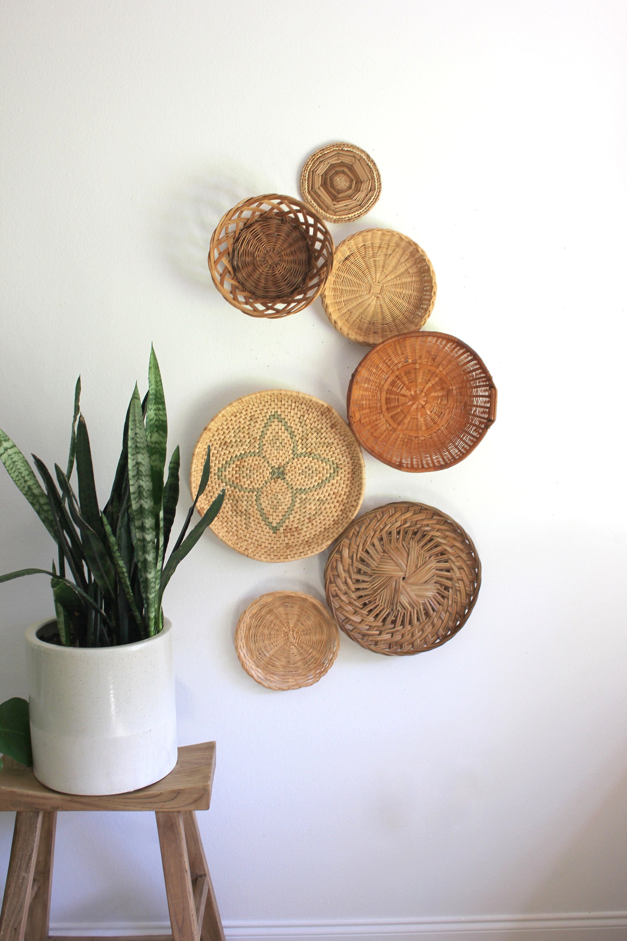 Beautiful Bohemian Basket Grouping Set of 7 Rattan Woven Wall Art