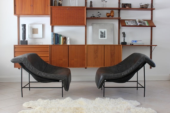Pair of Vintage Gerard Van Den Berg Butterfly Chairs Black Leather Loungers