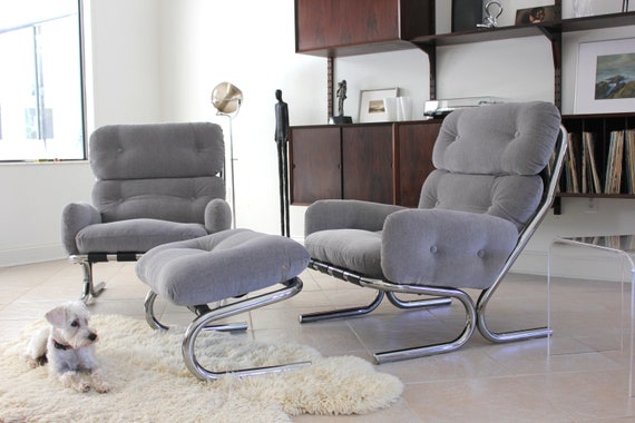 Milo Baughman Style Mid Century Modern Upholstered Chrome Chairs