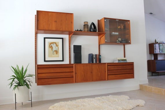 3 Bay Cado System Teak Wall Unit Danish Mid Century Modular Shelving System