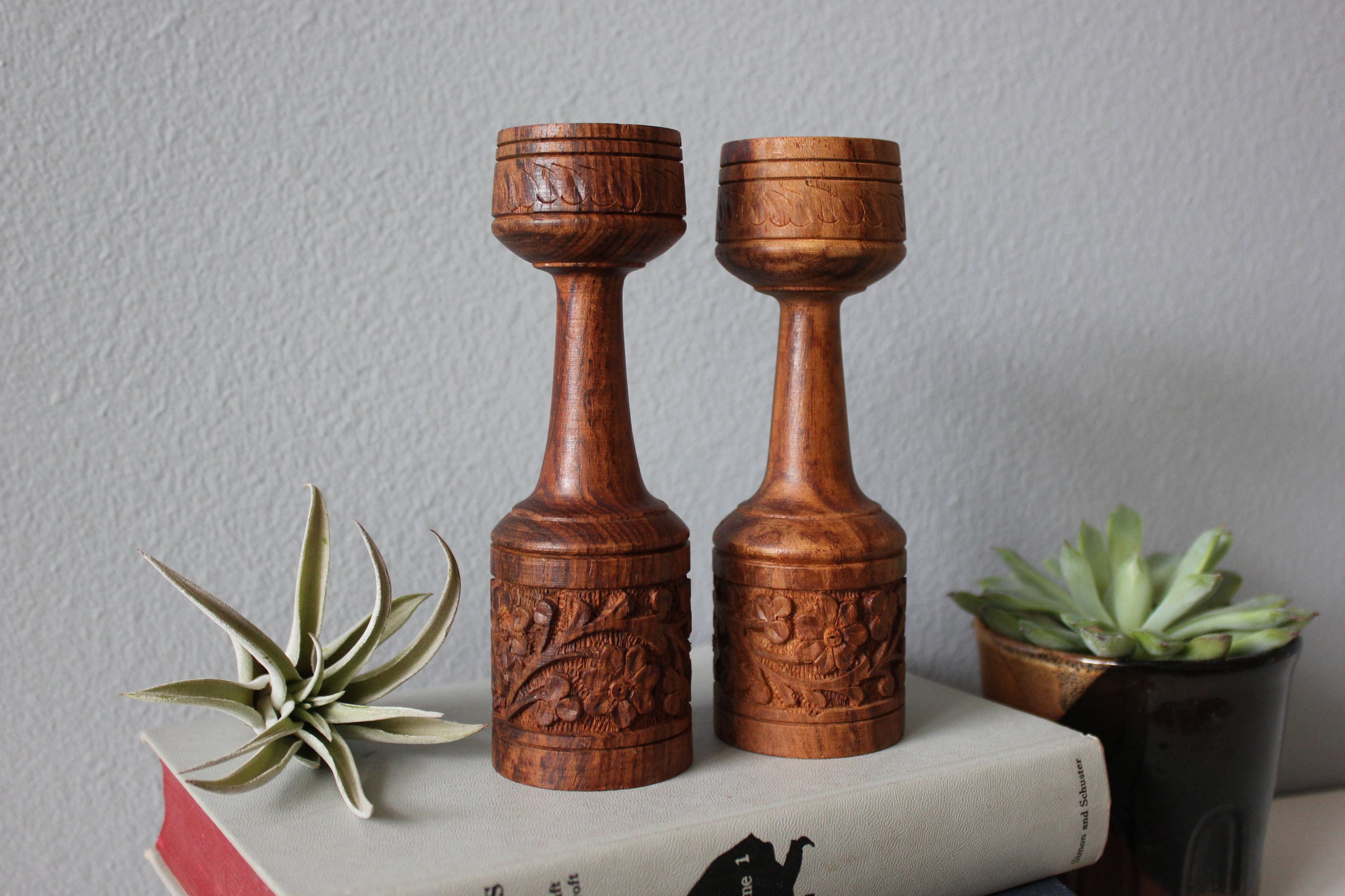 Mid Century Wooden Candle Holders Made India Boho Carving