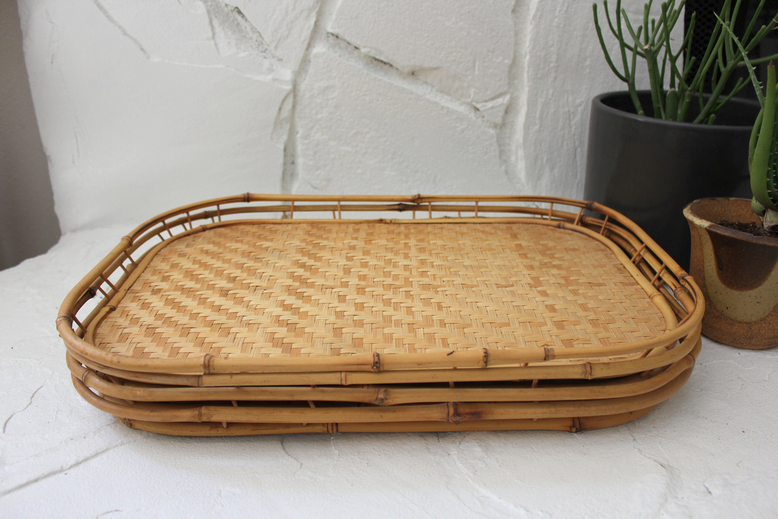 Set of 4 Rattan and Bamboo Serving Tray Display