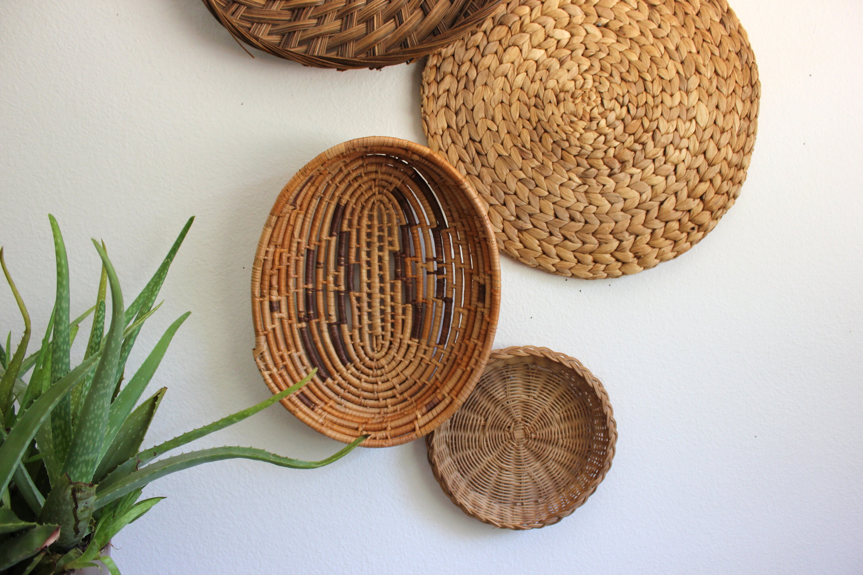 Beautiful Bohemian Basket Grouping Set of 7 Rattan Woven Wall Art