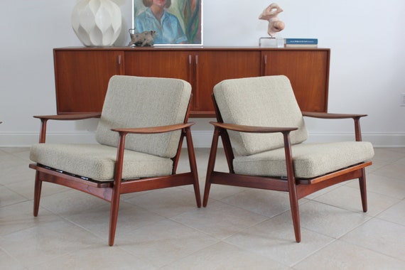 Pair Mid Century Danish Teak Lounge Chair Set