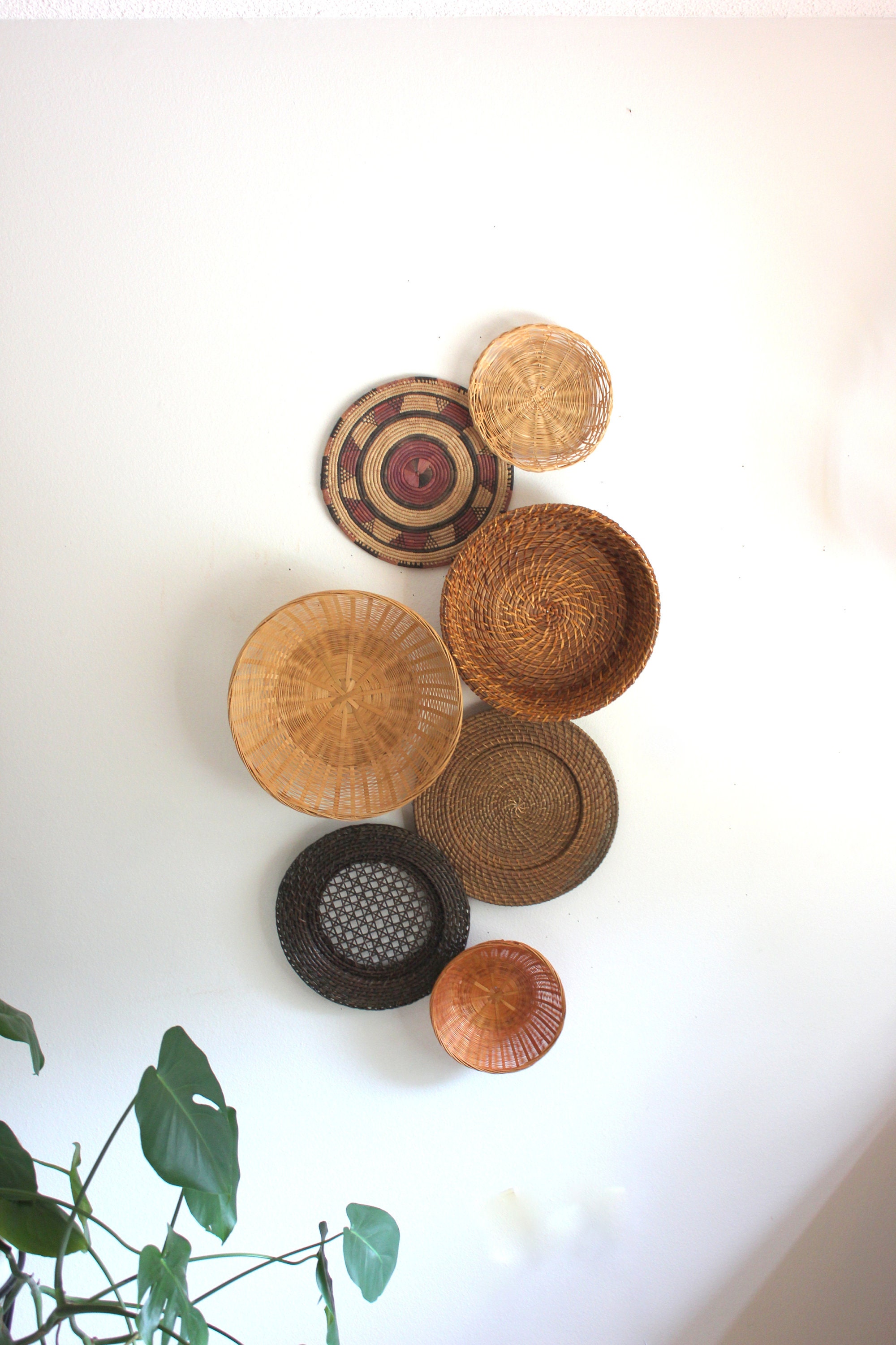 Beautiful Bohemian Basket Grouping Set of 7 Rattan Woven Wall Art