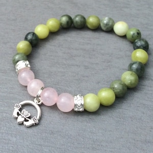 Connemara marble and rose quartz bracelet. Claddagh charm bracelet. Celtic gemstone jewellery Mothers Day Irish Jewellery gift. Amethyst