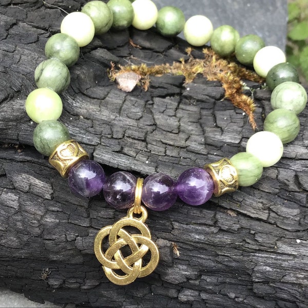 Connemara marble and amethyst bracelet with Celtic knot charm. Celtic gemstone Irish Jewelry  Irish gift. Mothers Day Aquarius birthstone