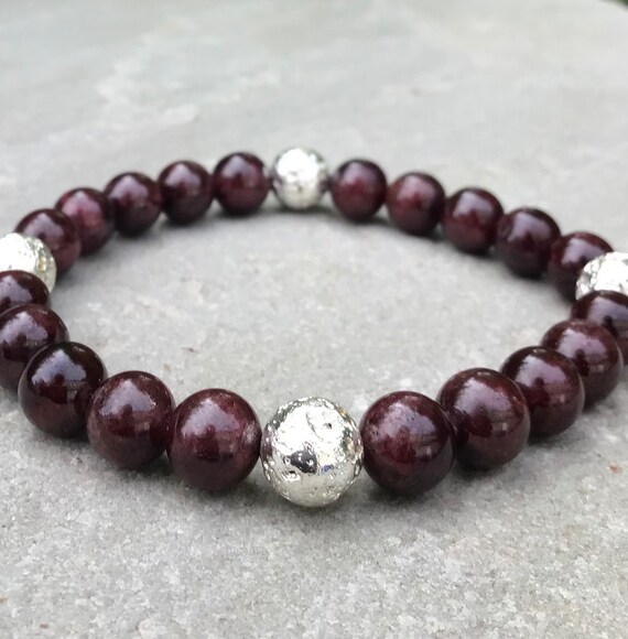 Garnet Bracelet Silver Lava Beads Irish Jewelry Gift. Garnet
