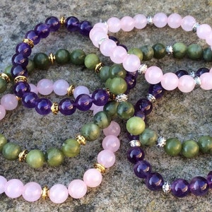 Connemara marble or Amethyst or Rose Quartz bracelet with gold or silver plated beads. Irish Jewelry gift craft. Mens women Unisex bracelet.