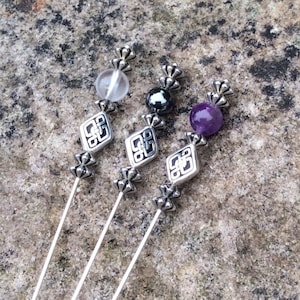 Long 5 inch Celtic Irish Scottish shawl hat kilt lapel scarf pin brooch. Irish Jewelry, gifts for women. Amethyst Hematite Rock crystal