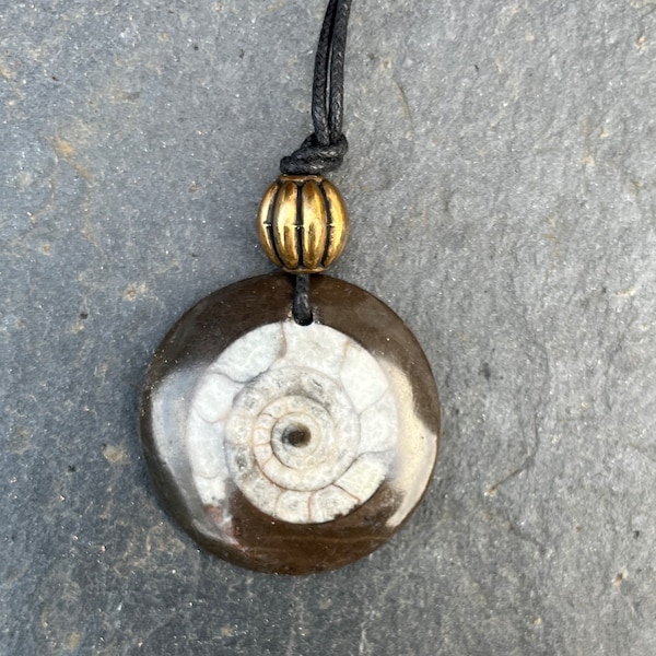 Real fossil goniatite ammonite pendant necklace on waxed cord. Celtic knot bead. Irish made with fossil from Morocco. Geology